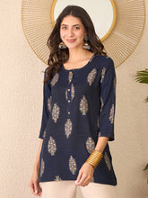 Women Navy Blue Cotton Blend Floral Printed Regular Top-VT1395